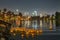 Close up of many lantern with Los Angeles city skyline in Lotus Festival Echo Park