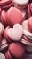 A close up of many macarons with hearts, AI