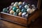 close-up of a marble collection in a wooden box