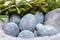 Close-up of marble-colored Easter eggs in a linen napkin and willow twigs