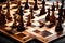 A close-up of a masterfully crafted chessboard with intricately detailed wooden pieces in the midst of a high-stakes game