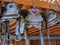 Close up of mechanics inside of an upright weathered antique broken rustic piano outdoors in Arizona desert