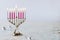 Close up of menorah with candles for Hanukkah on white background