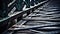 a close up of a metal bridge with rusted metal bars