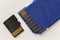 Close-up of micro SD memory card and SD adapter isolated on white copy space background. Modern technology concept