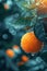 Close up micro shot of fresh orange fruit on tree with dew drops, wide banner with copy space