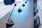 Close-up of microphones in an empty meeting room at a press conference.