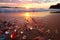 close-up of microplastics on a sandy beach at sunset