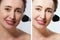 Close up Middle Age Woman Applying Make-Up on Face. Anti Aging and Fashion Concept. Macro. Before after make up wrinkled face.