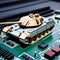 Close-up on a military tank on a powerful computer board