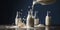 close-up milk splash photo, milk in glass bottles on the table. Generative AI