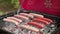 Close-up mix of raw sausages made from different meat cooked on hot coals of grill in nature in Sunny weather. Sausages