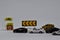 Close up model toy/miniature cars waiting refuel a fuel oil/gas