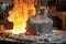 close-up of molten aluminum pouring in a foundry