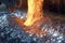 close-up of molten aluminum pouring from furnace