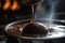 close-up of molten chocolate, with steam rising from the heat