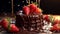 A close-up of molten Couverture Chocolate being poured over a mound of fresh strawberries