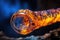 close-up of molten glass on blowpipe