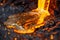 Close-Up of Molten Lava Flowing on Volcanic Rocks, Vibrant Orange Liquid Magma, Extreme Heat Natural Phenomenon Background