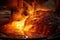 close-up of a molten metal pouring from a furnace