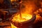 Close-up of molten steel being poured from a ladle, capturing the intense heat and fluidity of the metal. Generative AI