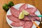 Close up of mortadella slices served with lemon on a white plate, on wooden background. top view