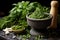 close-up of mortar and pestle with pesto ingredients