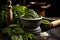 close-up of mortar and pestle with pesto ingredients