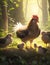 A close-up of a mother chicken and her chicklings, searching for sustenance in a sun-dappled forest.