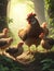 A close-up of a mother chicken and her chicklings, searching for sustenance in a sun-dappled forest.
