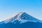 Close-up of Mount Fuji view with Lake Kawaguchi and clear blue sky background in Kawaguchiko, Japan Peak of Fuji mountain cover wi