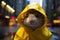 Close up of mouse with yellow raincoat in street during rain