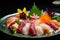 Close-up of mouth-watering Sashimi with intricate knife cuts and vibrant colors served with pickled ginger