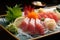 Close-up of mouth-watering Sashimi with intricate knife cuts and vibrant colors served with pickled ginger