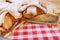 Close up of mouthwatering homemade apple pie filling`s texture in the baking glass bowl