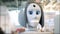 Close-up of moving and speaking female robot`s head with blue eyes. Media. Different working robots collection presented