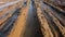 Close-up of mud track ruts of rice field plow tools