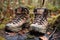 close-up of muddy hiking boots on forest trail