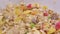 Close-up of muesli poured in a white bowl