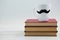 Close up of mug with mustache on books