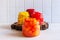 Close-up of multi-colored organic Cabbage in glass jars, fermented with various seasonings and other vegetables