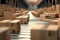 Close-up of multiple cardboard box packages moving along a conveyor belt in a warehouse