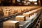 Close-up of multiple cardboard box packages moving along a conveyor belt in a warehouse