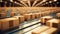 Close-up of multiple cardboard box packages seamlessly moving along a conveyor belt in a warehouse