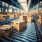 Close-up of multiple cardboard boxes sliding on the conveyor belt in a factory