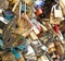 Close-up of a multitude of padlocks hung on the Pont des Arts in Paris