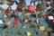 Close-up of a multitude of padlocks hung on the Pont des Arts in Paris