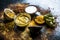 Close up of mung dal face pack with aloe vera,sandalwood,milk, and with green grams on wooden surface.