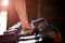 Close up muscular arm. Man hand holding dumbbell