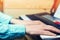 Close-up of a music performer`s hand playing the piano, man`s hand, classical music, keyboard, synthesizer, pianist